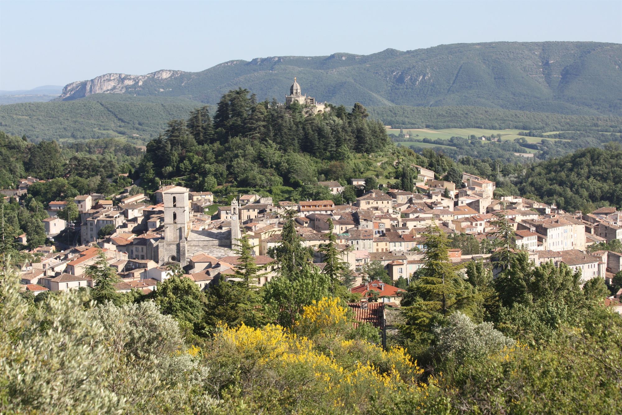 Vue sur Forcalquier, sa citadelle et la montagne de Lure en arrière-plan